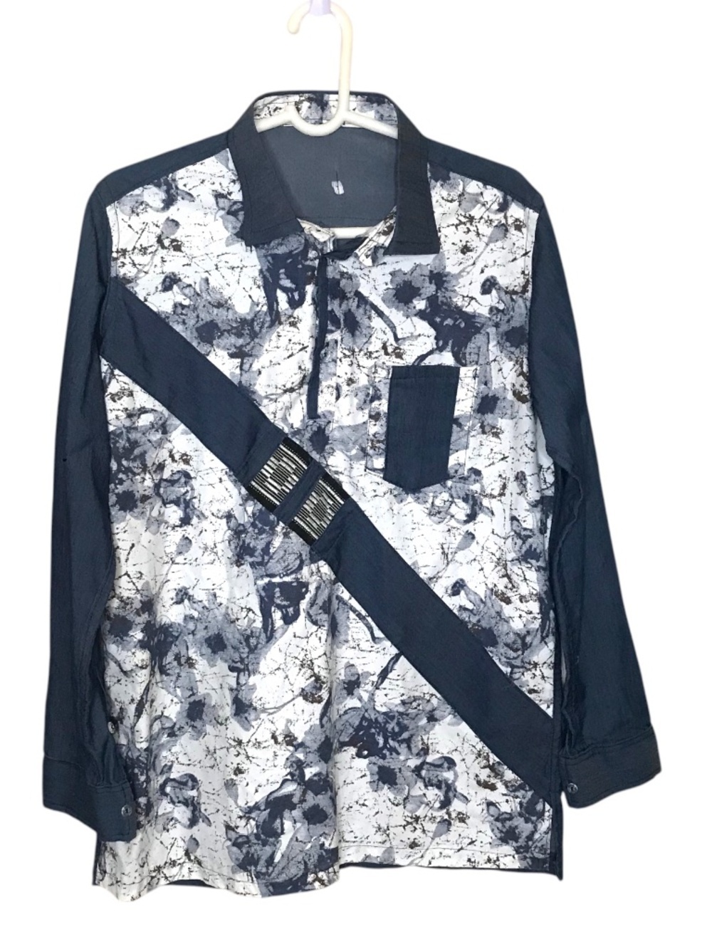 Men's Abstract Button Front Shirt Blue White Long Sleeve M